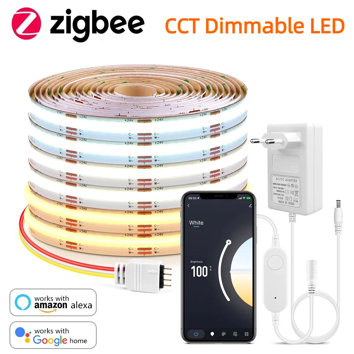 Smart Home Hub - Zigbee 3.0 CCT 2700K-6500K Dimmbares COB-LED-Streifenlicht